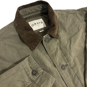 Orvis Green Canvas Barn Field Jacket Mens XL Cotton Button Up Corduroy Collar